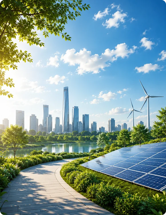 A green city skyline with solar panels and wind turbines