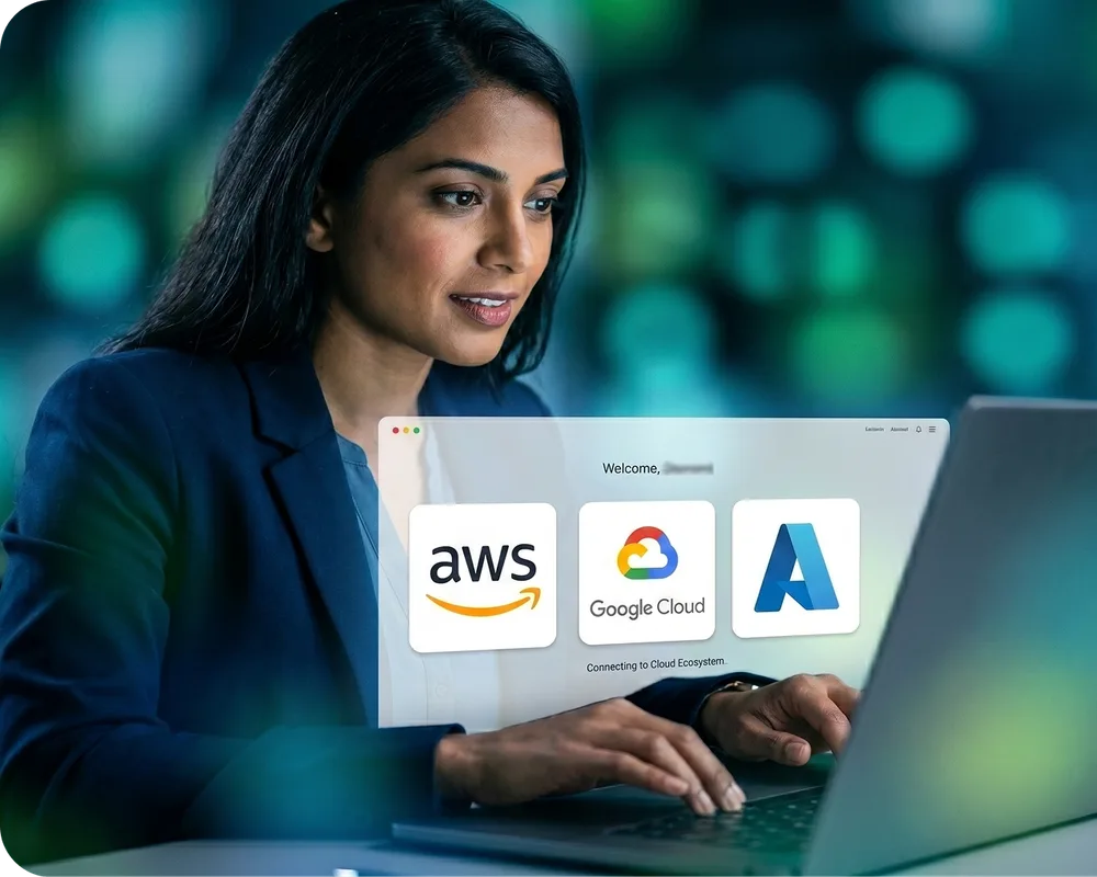 Consultant working on a laptop showing AWS, Google Cloud and Azure
