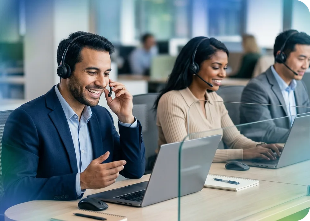 Support team wearing headsets in a modern office